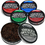 Smokey Mountain Herbal Long Cut 5 Can Sampler Box front view nicotine free snuff.