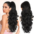 ALXNAN ponytail extension front view showcasing long curly wavy black synthetic hair