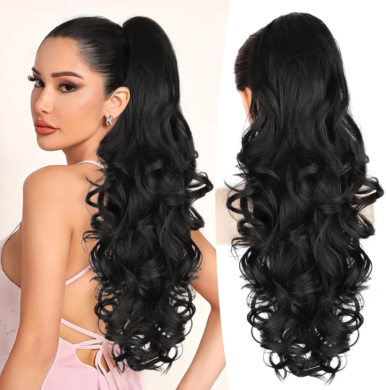 ALXNAN ponytail extension front view showcasing long curly wavy black synthetic hair