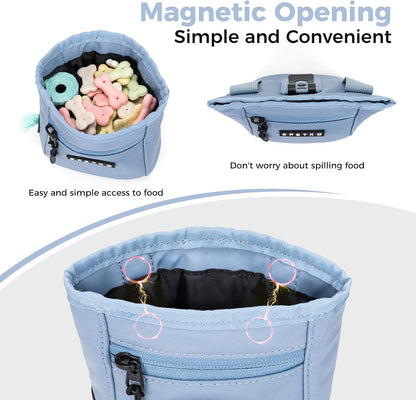 Side view of the blue pet treat pouch highlighting the built in poop bag dispenser
