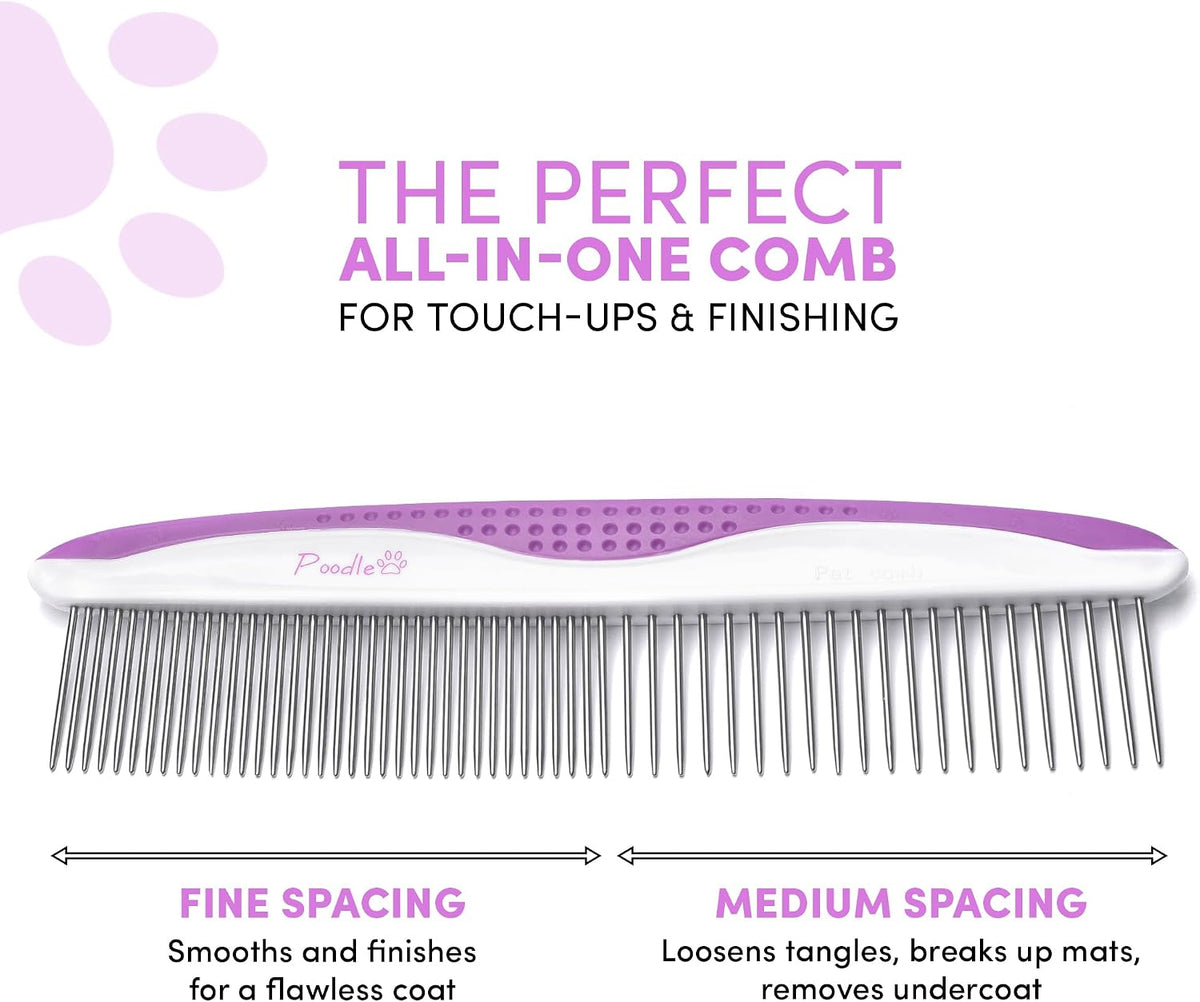 POODLIE stainless steel dog comb removing tangles from a long haired pet coat