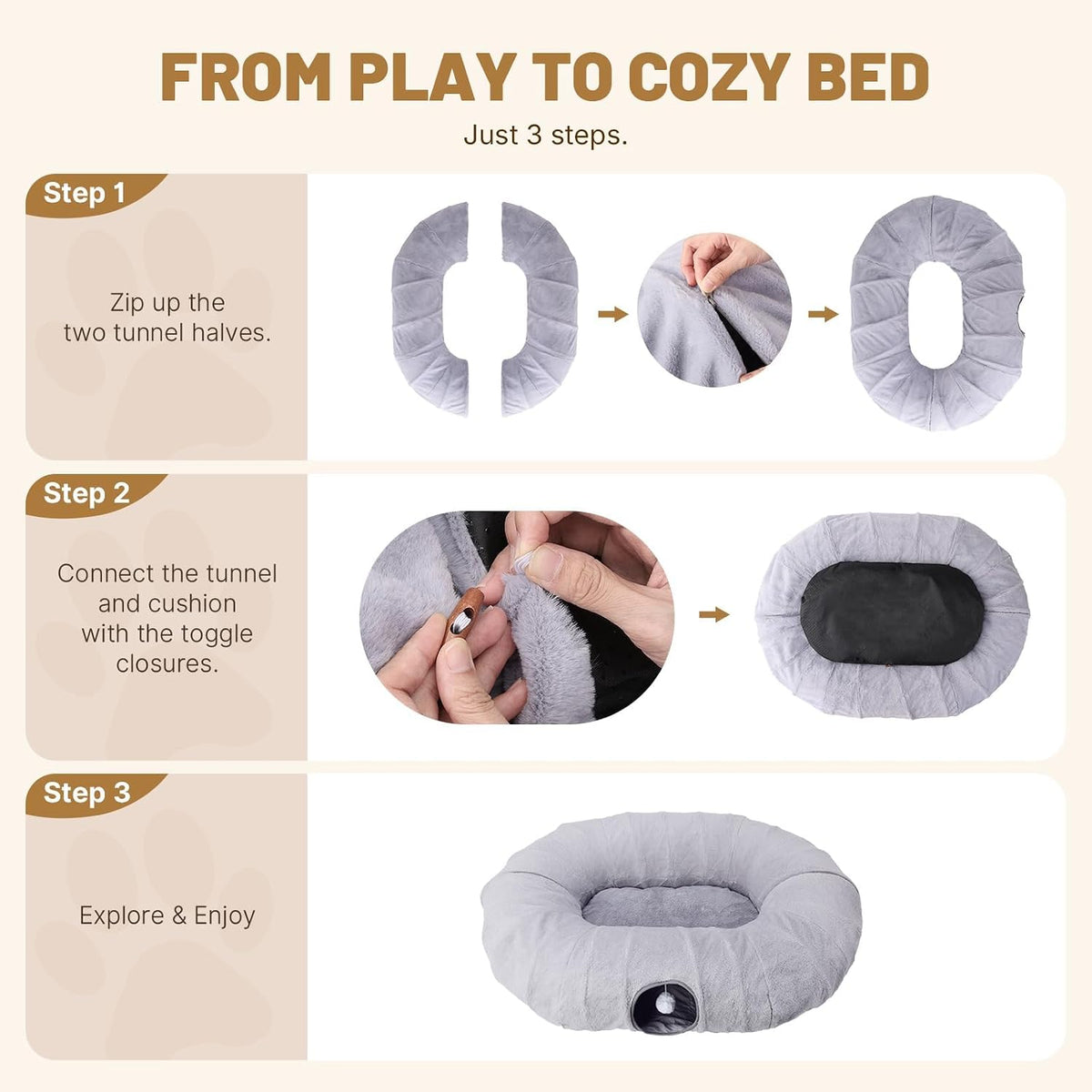 BUMUBI grey bubble fleece cat tunnel bed folded down for storage