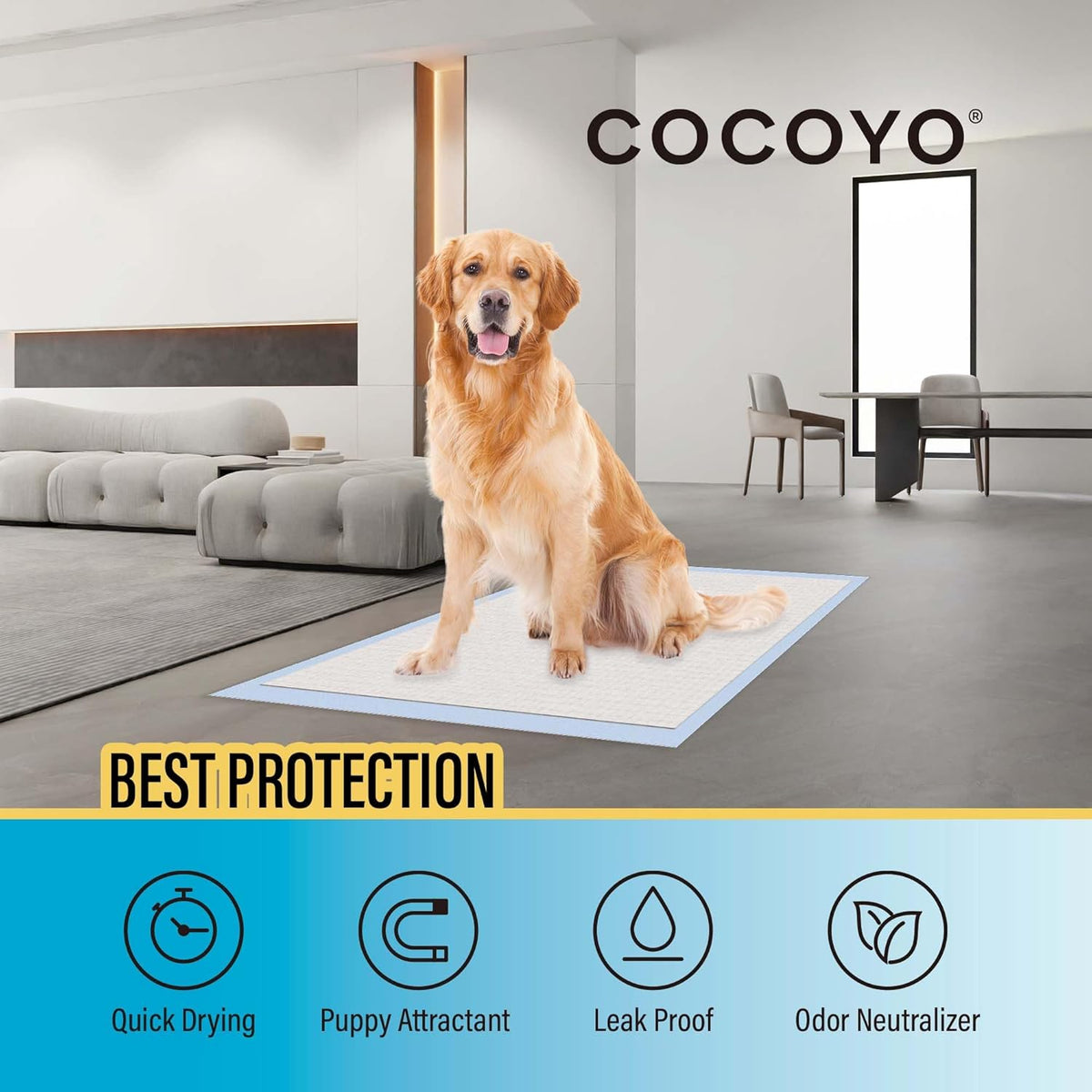 Leak proof backing feature demonstration of COCOYO dog training pads showing floor protection.