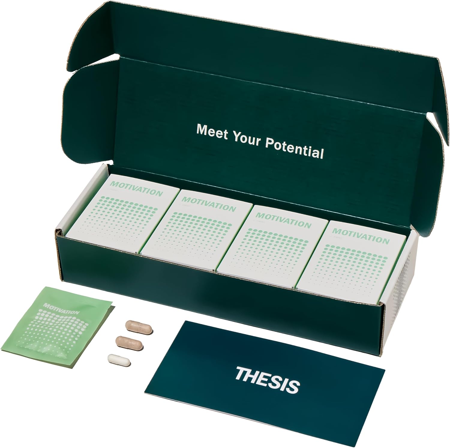 Thesis Motivation Nootropic Brain Support Supplement packet front view for clean energy focus