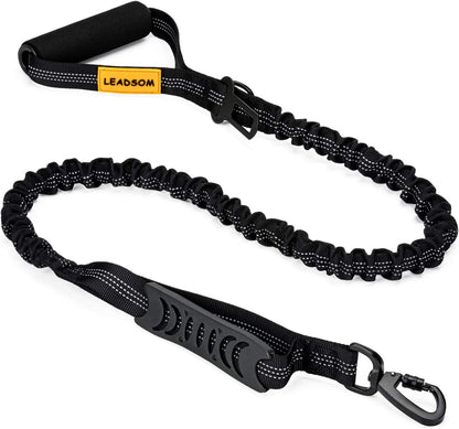 Leadsom reflective bungee dog leash front view showing dual padded handles.