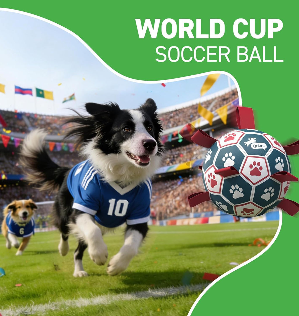 Close up of QDAN dog toy soccer ball with paw print designs