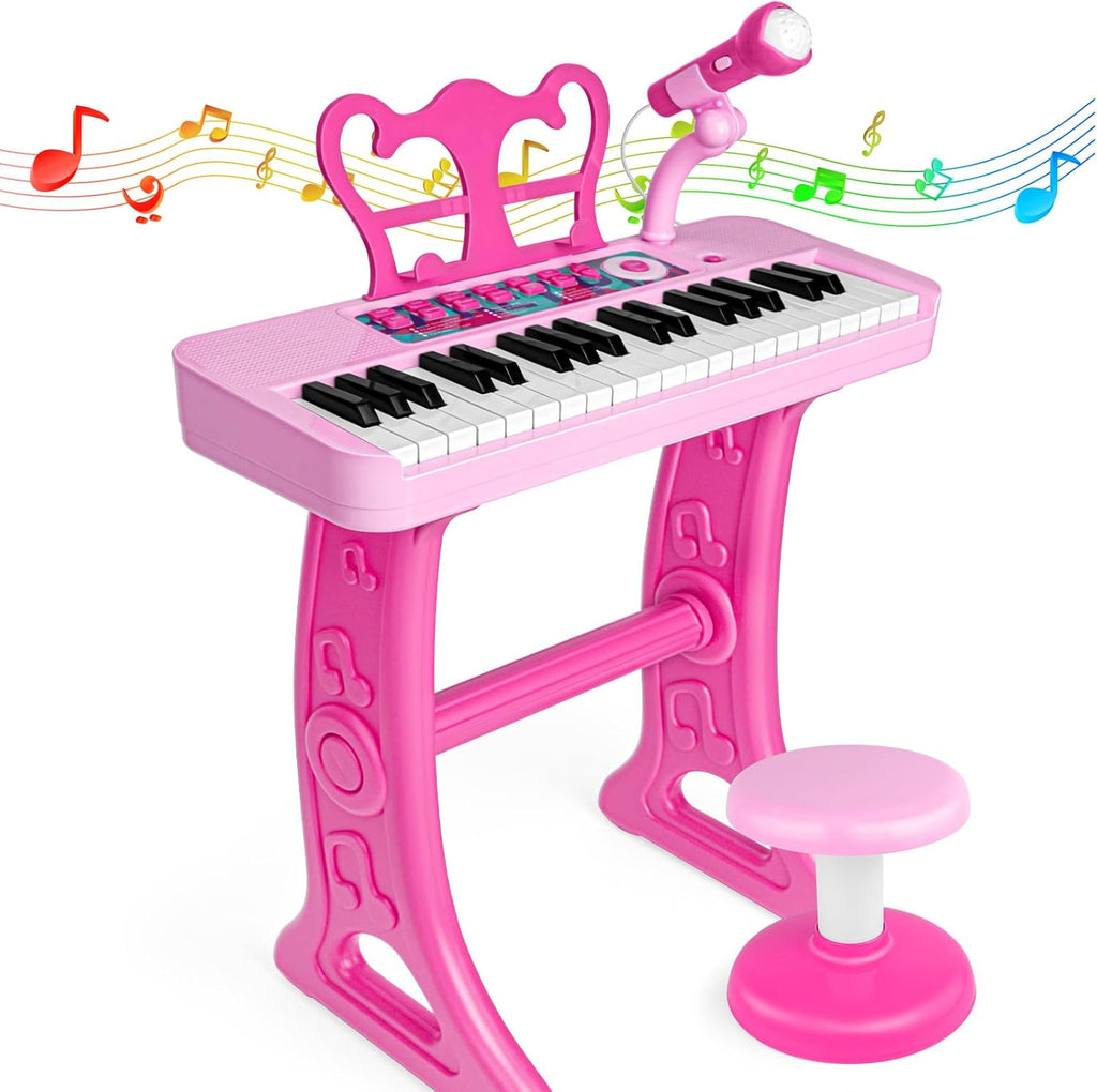 Amy And Benton pink piano toy keyboard front view with stand and stool
