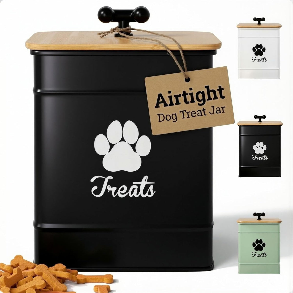 Dog Treat Container Airtight - 6 Inch Wide x 8 Inch Tall Iron Dog Treat Jar for Kitchen Counter with Airtight Bamboo Lid - 12 Cup Capacity Pet Treat Container - Doggie Cookie Jar - Big Treats Canister - Image 12