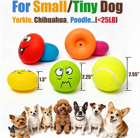 Six count collection of soft rubber small dog toys for chewing and interactive fetch play.