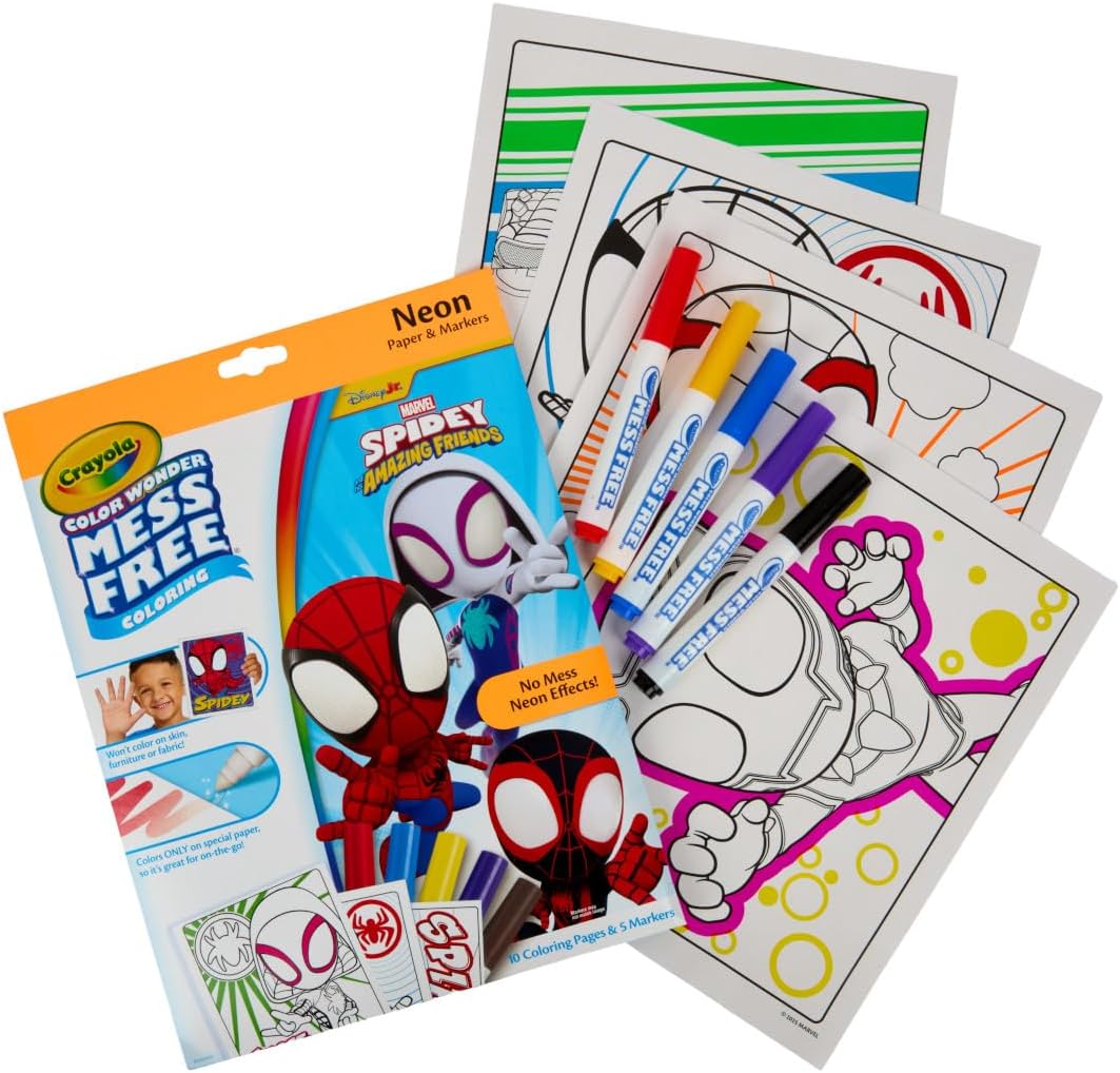 Crayola Color Wonder Spidey and His Amazing Friends Neon Coloring Kit front view showing the mess-free markers and pages.