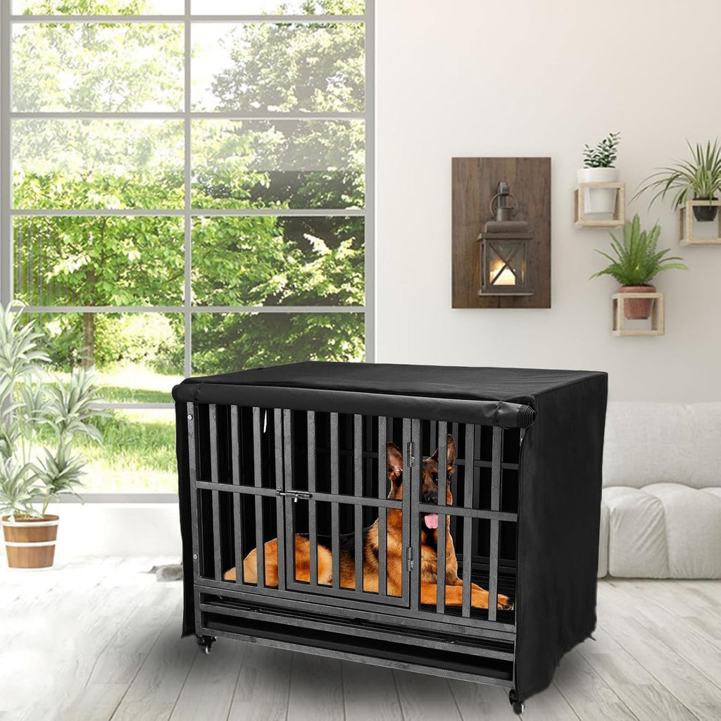 Anxiety reducing dog crate cover with rolled up front entry door