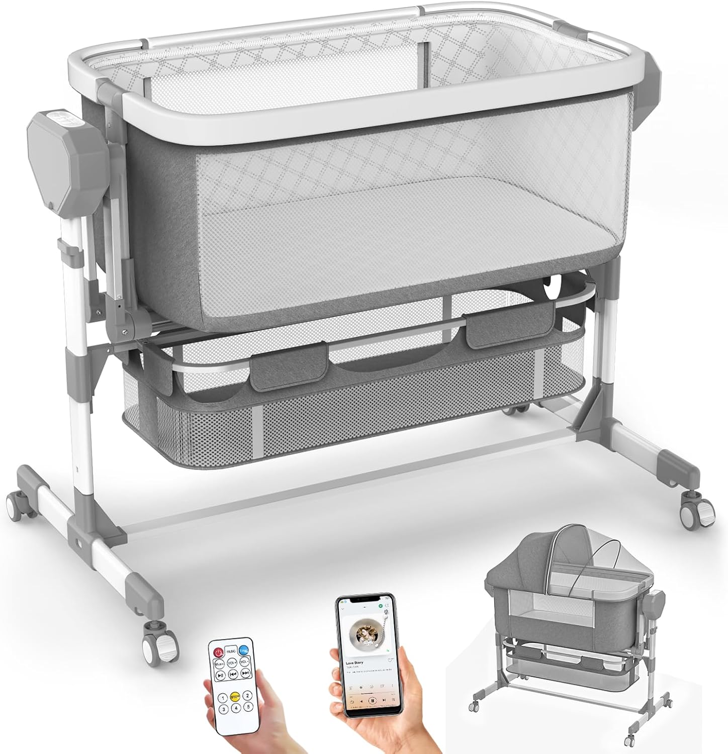 Pionevox electric rocking bassinet front view in grey