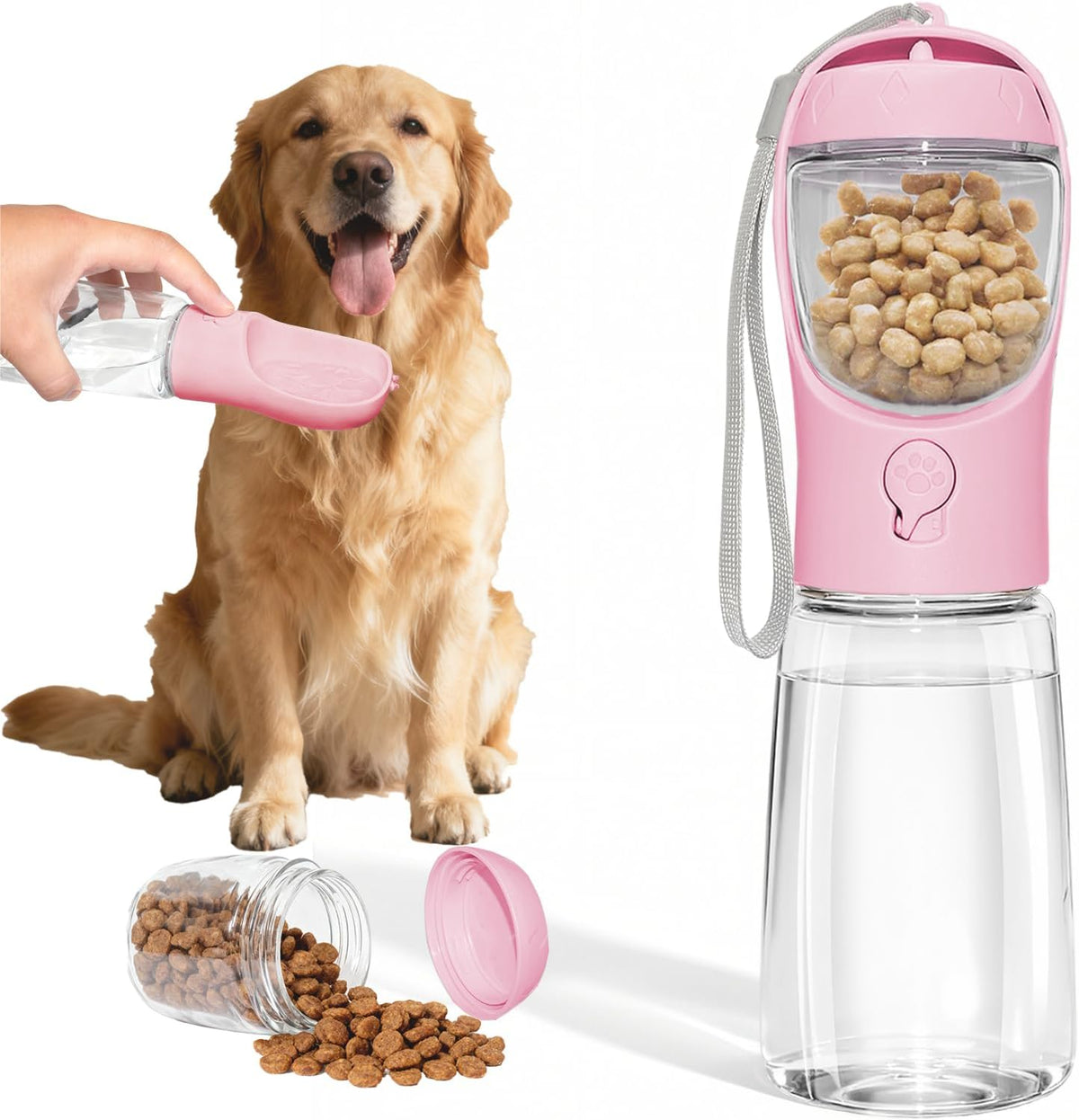 Premium imported travel water bottle for dogs with detachable kibble container base
