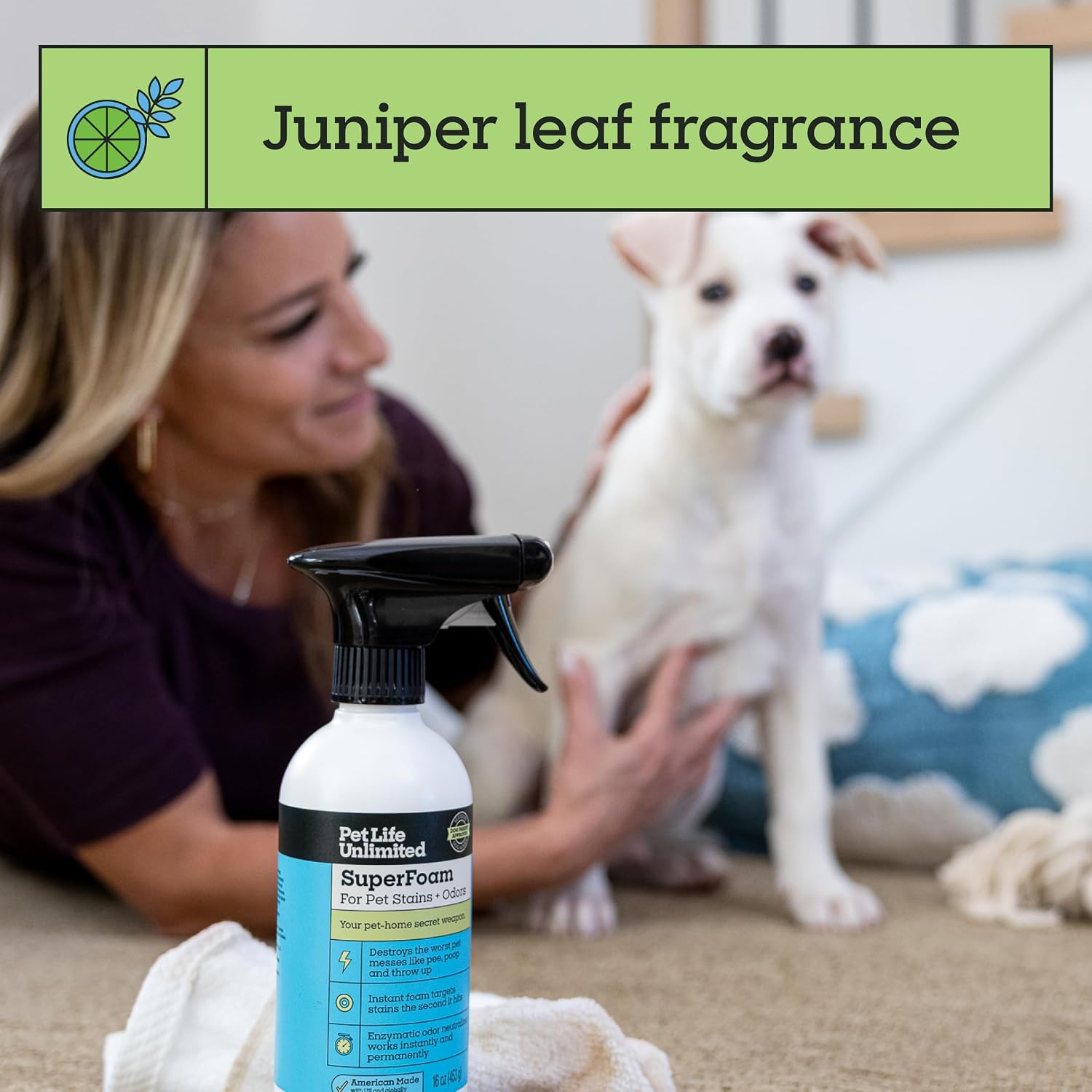 Pet Life Unlimited Juniper Leaf scented cleaner lifestyle shot
