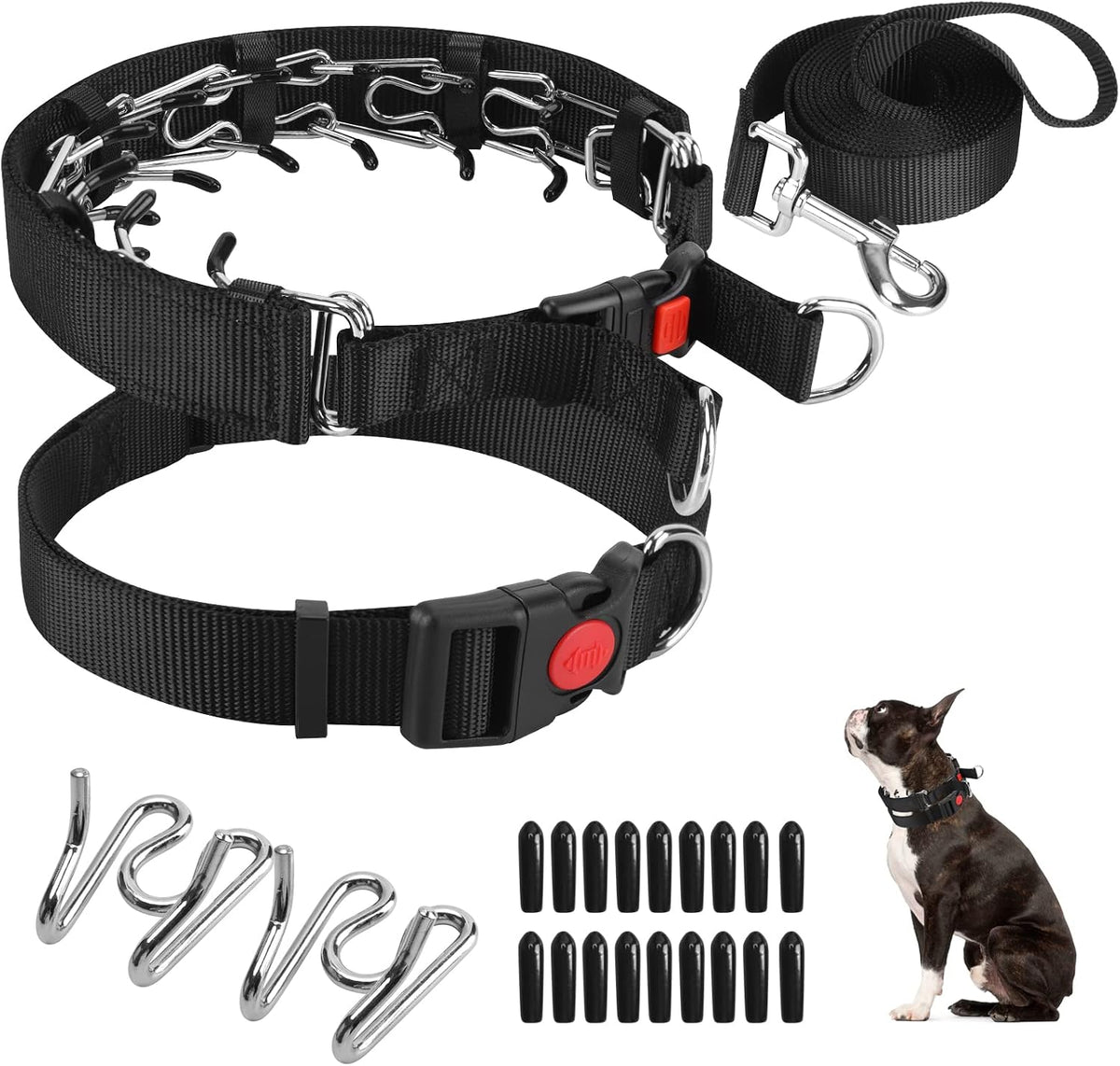Generic dog prong training collar front view showing stainless steel links and black nylon cover.