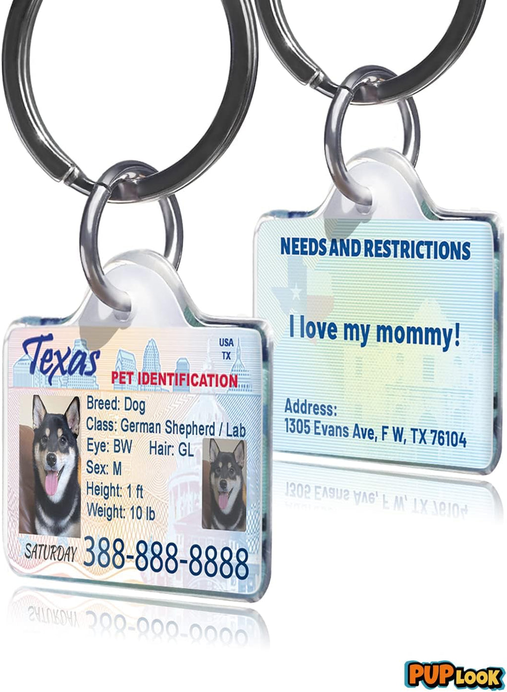 Silent no jingle personalized dog license tag layout options.