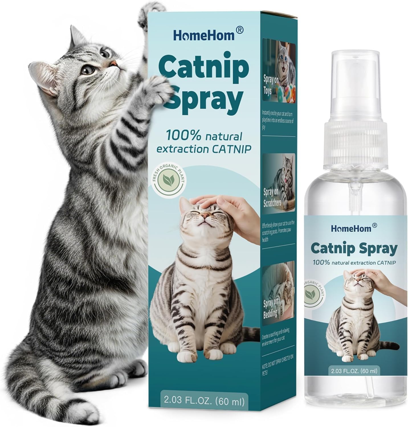 HomeHom High Potency Catnip Spray front view bottle for indoor cat play stimulation.