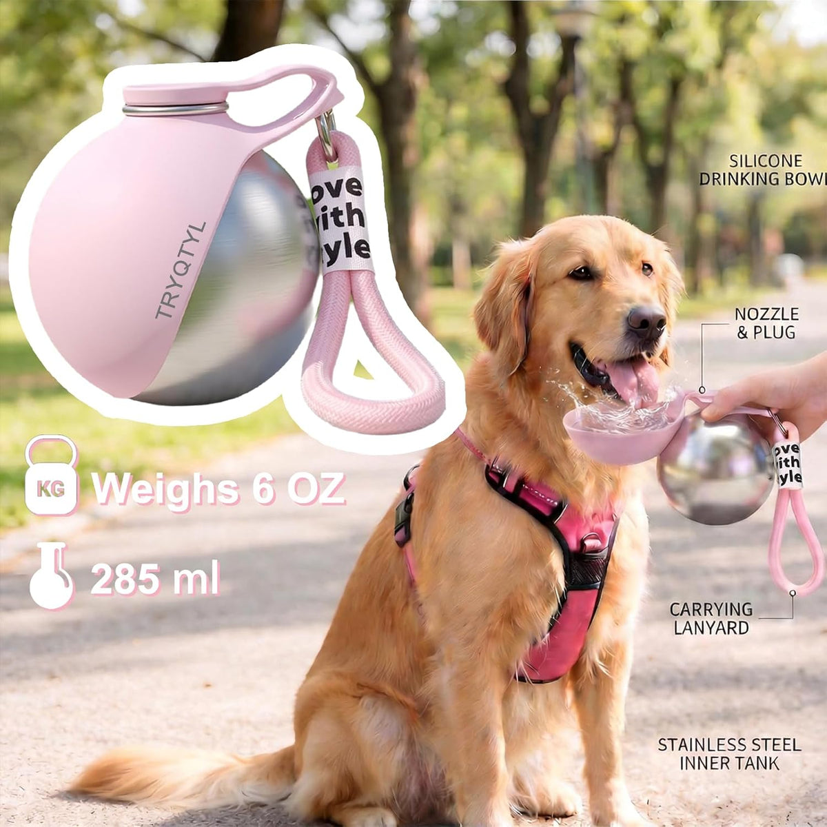 Leakproof pink pet water dispenser with secure locking mechanism for dogs