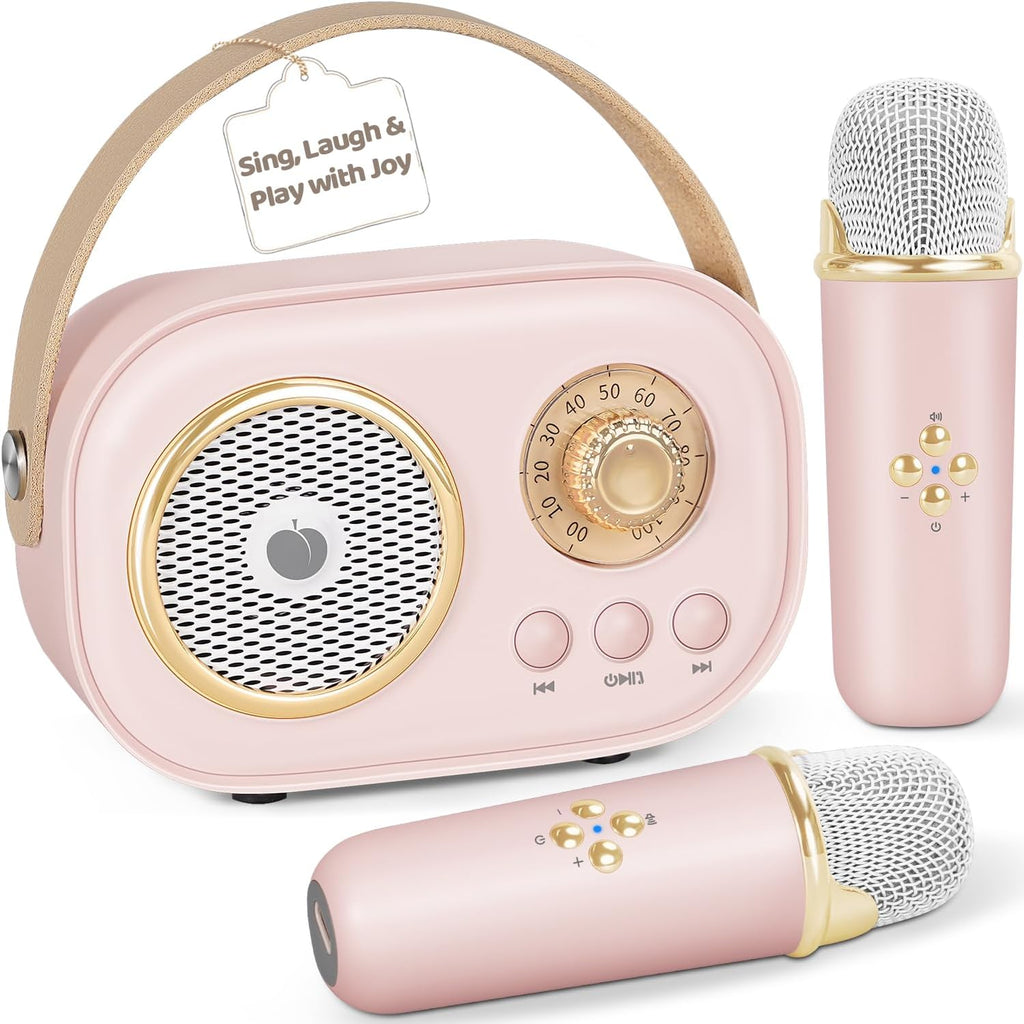 PRUNUS C20 Mini Karaoke Machine front view showing pink retro speaker and dual wireless microphones