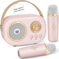 PRUNUS C20 Mini Karaoke Machine front view showing pink retro speaker and dual wireless microphones