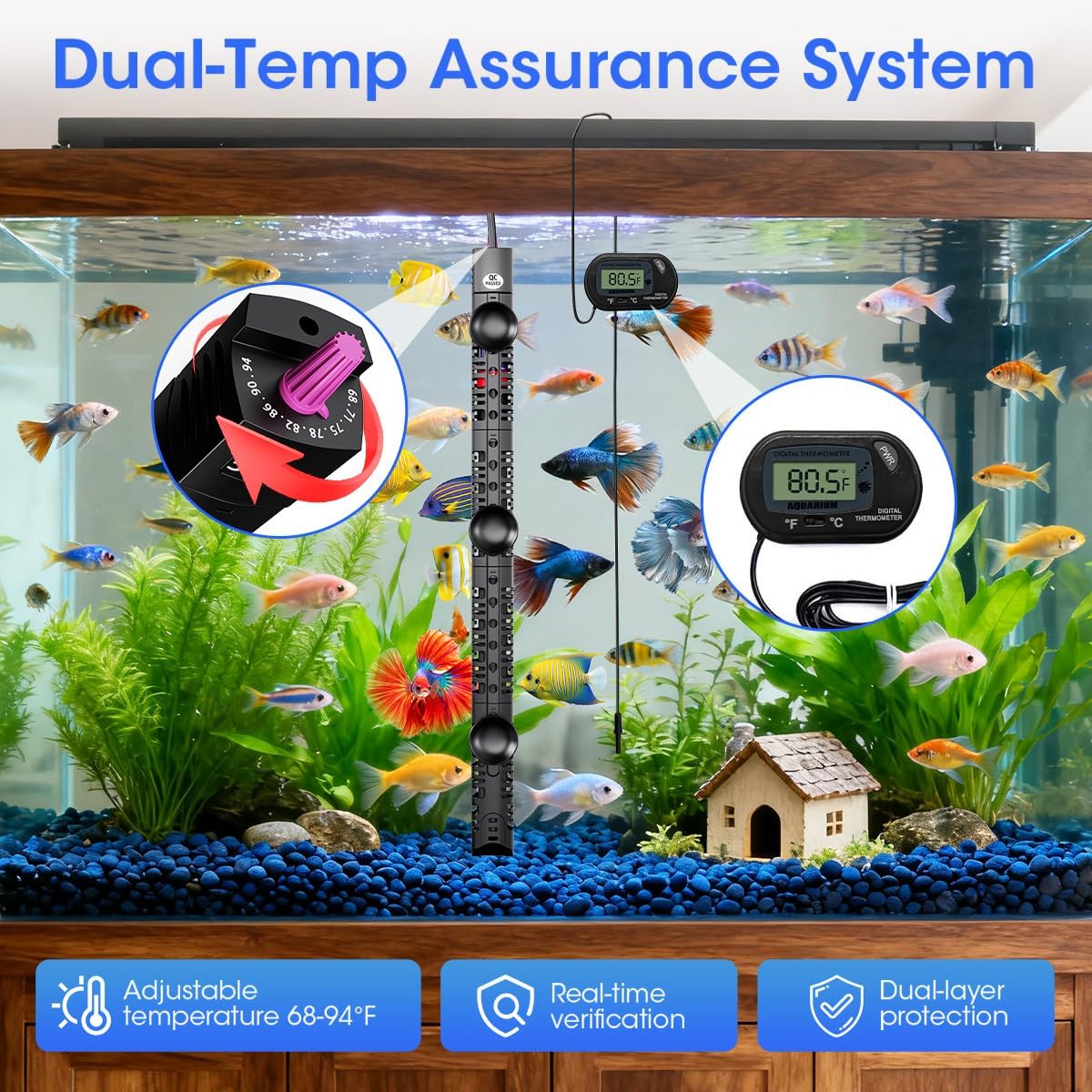 Digital LCD aquarium thermometer included with MQ heater