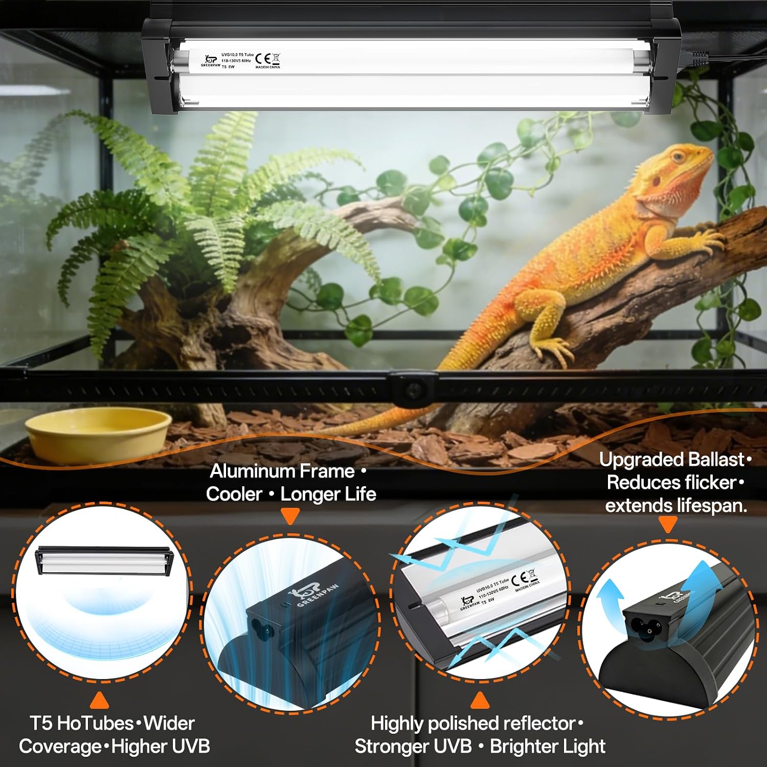 Hygger Zoo T5 linear lighting kit installation view on reptile cage