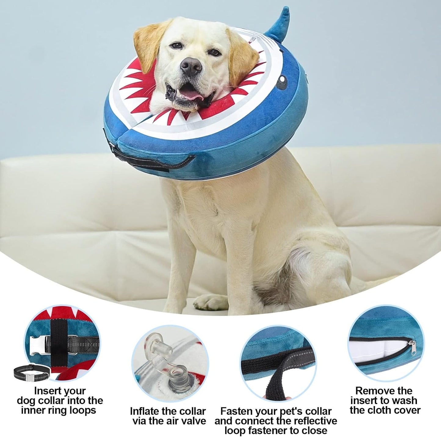 BEAUTYZOO shark blue soft inflatable donut collar packaging and air valve view