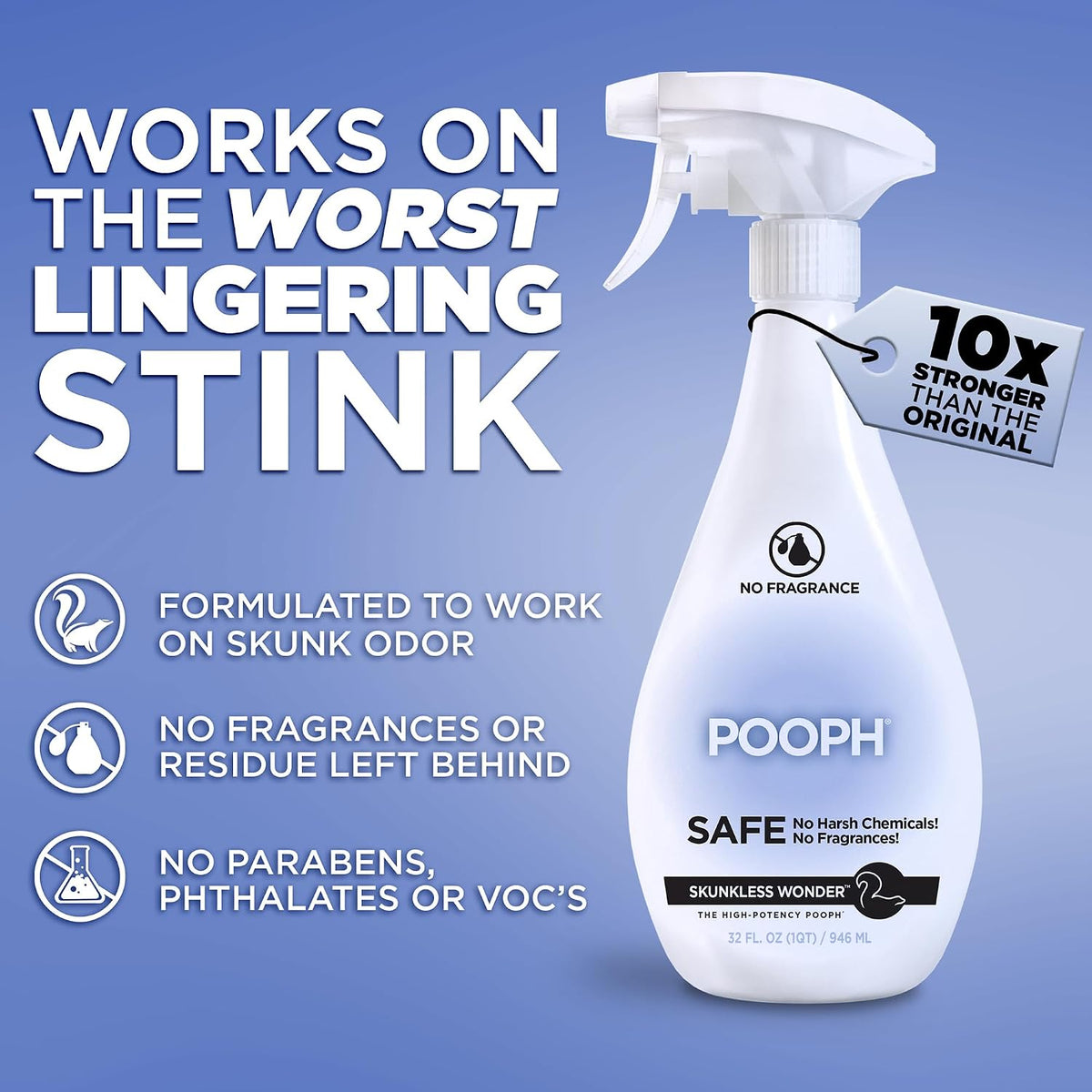 Pooph pet odor spray bottle showing molecular neutralizer label