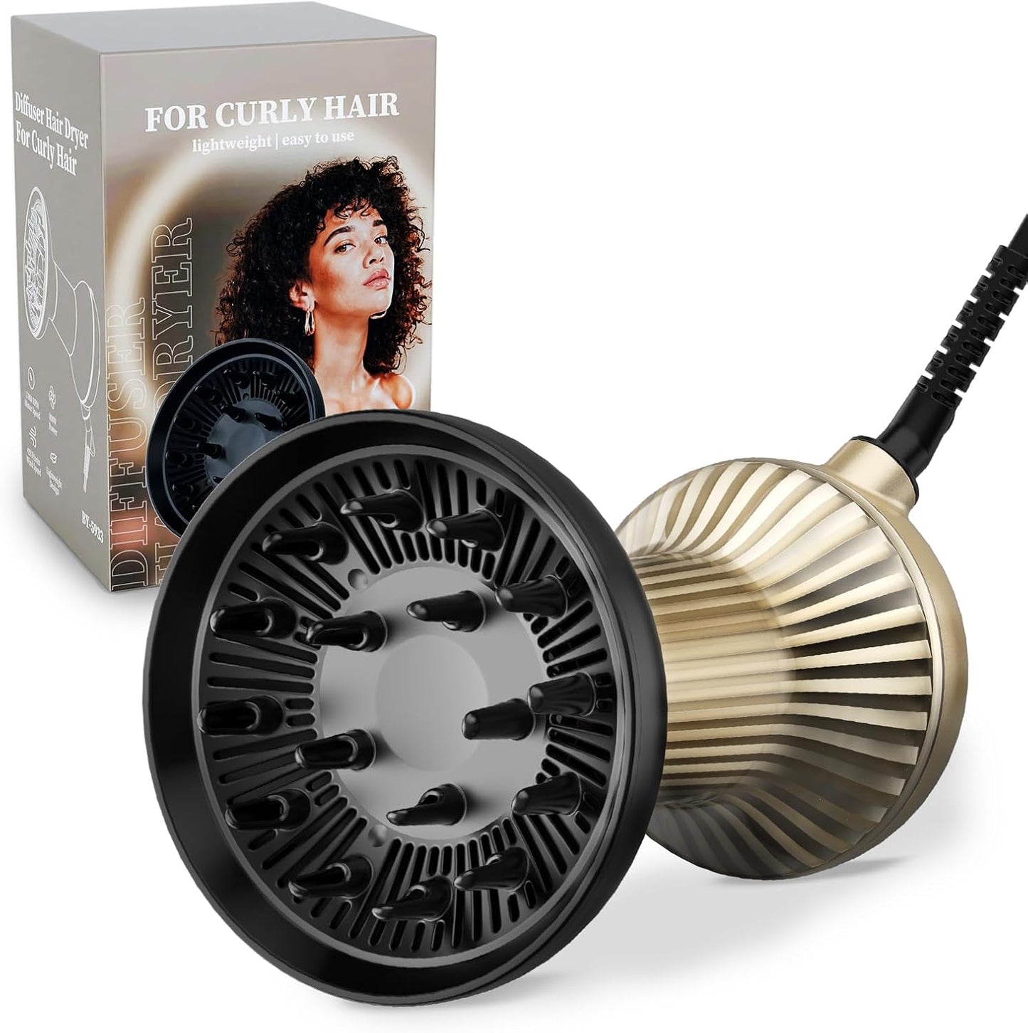 Bautia diffuser hair dryer front view showing gold finished conical body