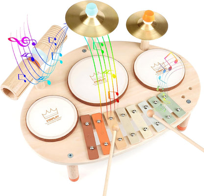Vanplay wooden toddler drum set 9 in 1 musical instrument station front view