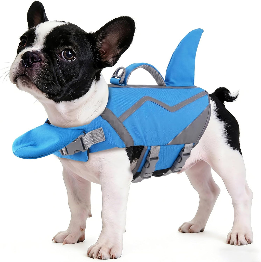 Petglad Shark Dog Life Jacket blue medium front view swimming safety vest
