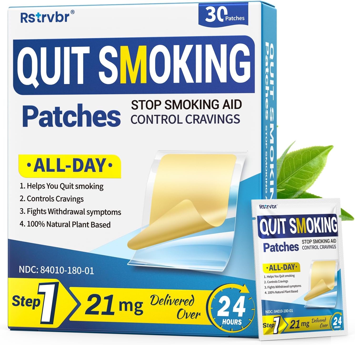 Rstrvbr Step 1 Nicotine Patches 21mg front packaging view for smoking cessation.