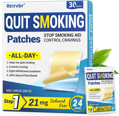 Rstrvbr Step 1 Nicotine Patches 21mg front packaging view for smoking cessation.