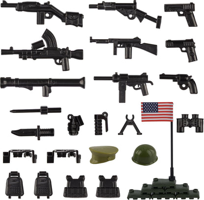 HIMIRICH Military Weapons Pack 24 Pieces front view showing miniature black toy guns and tactical vests