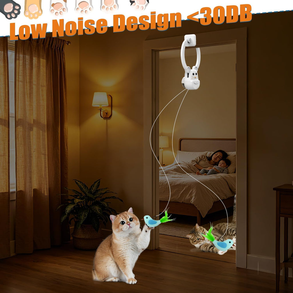 Smart self-play door-hanging cat toy packaged with USB charging cable.