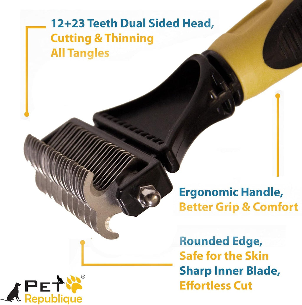 Pet Republique grooming tool with yellow and black handle