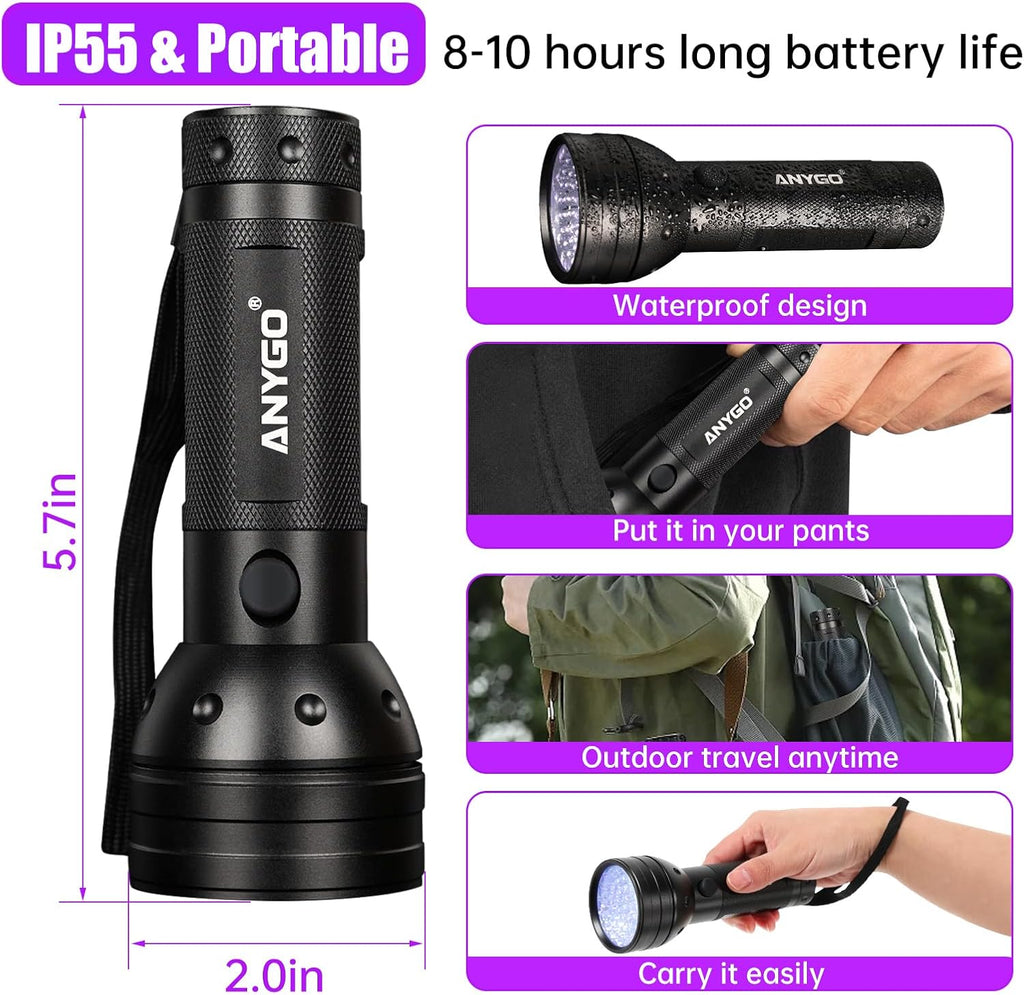 Handheld ultraviolet black light being used to inspect hotel bedding for bed bugs.