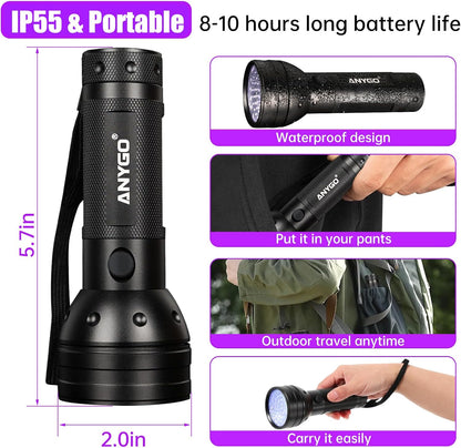 Handheld ultraviolet black light being used to inspect hotel bedding for bed bugs.