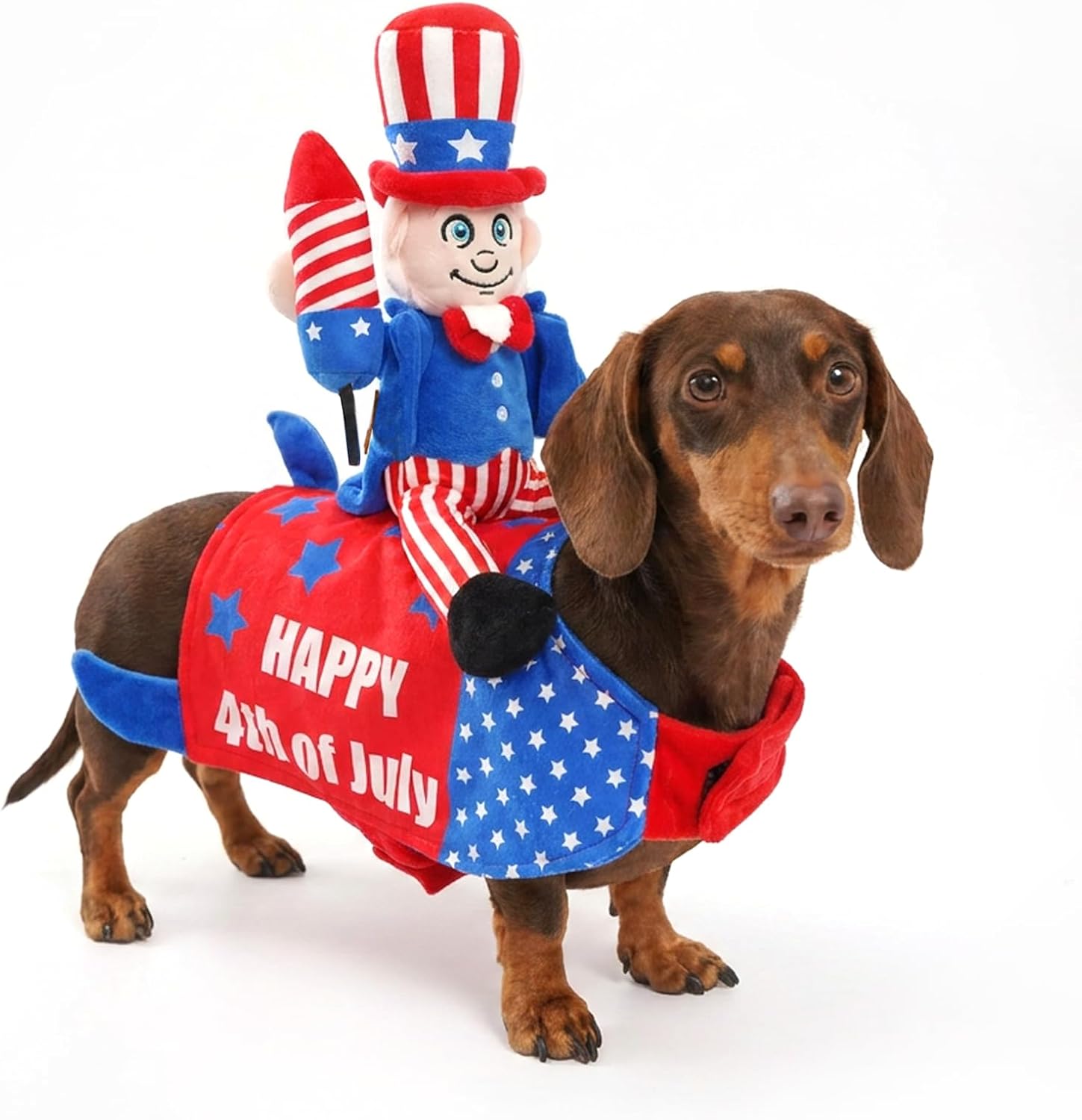 QIONG MENG 250 Anniversary Dog 4th of July Outfit front view featuring patriotic Uncle Sam costume