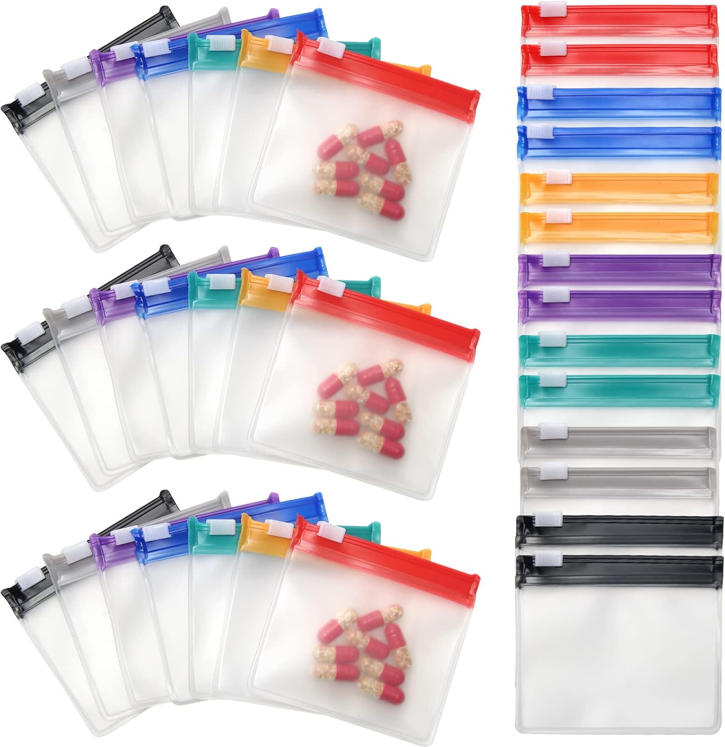 Anglecai reusable zippered pill pouch bags front view showing color coded tops for medicine organization