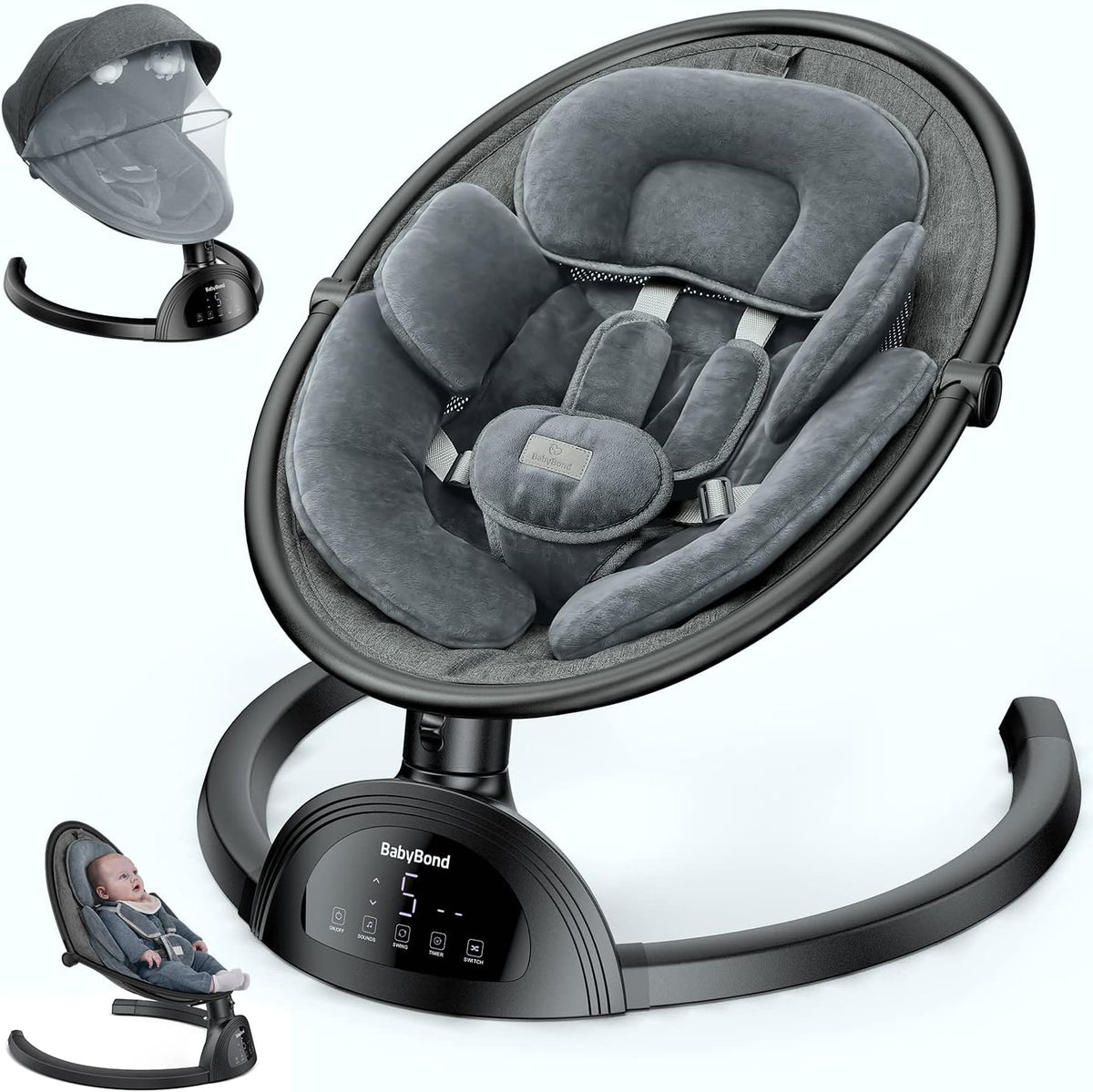 Babybond baby swing front view with black frame and plush grey seat cushion