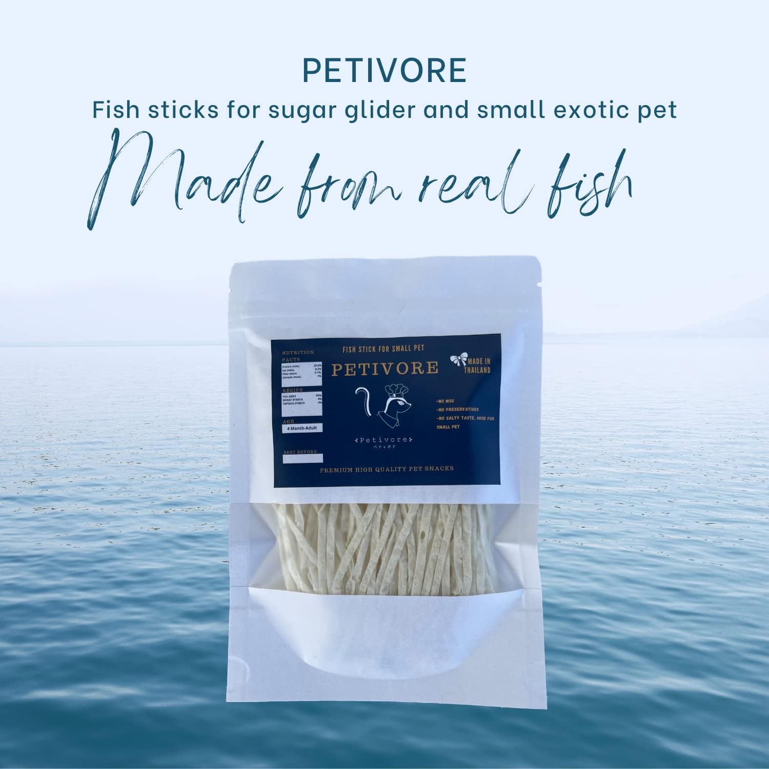 PETIVORE fish snack sticks showing real fish ingredients for sugar gliders