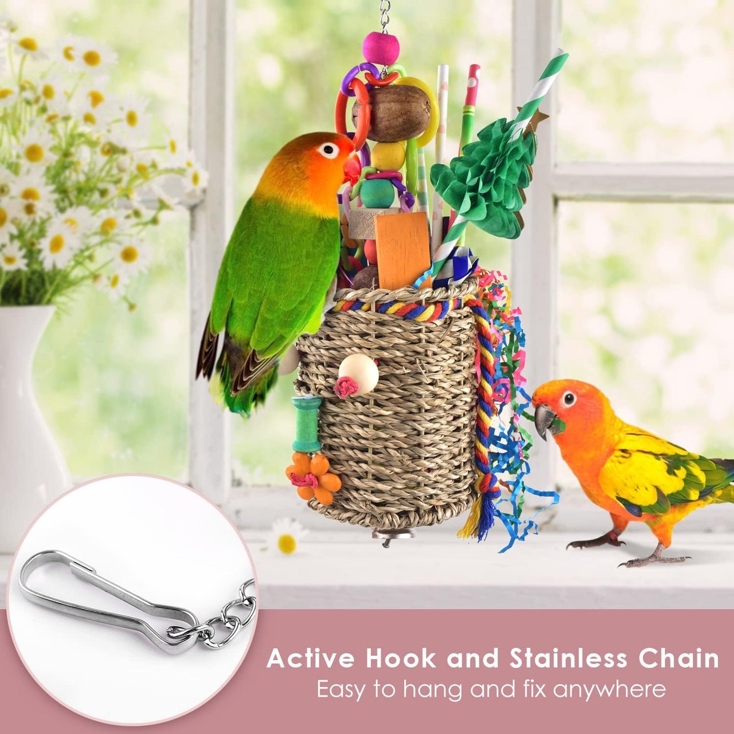 Close up of non toxic edible dyed wooden beads on bird toy