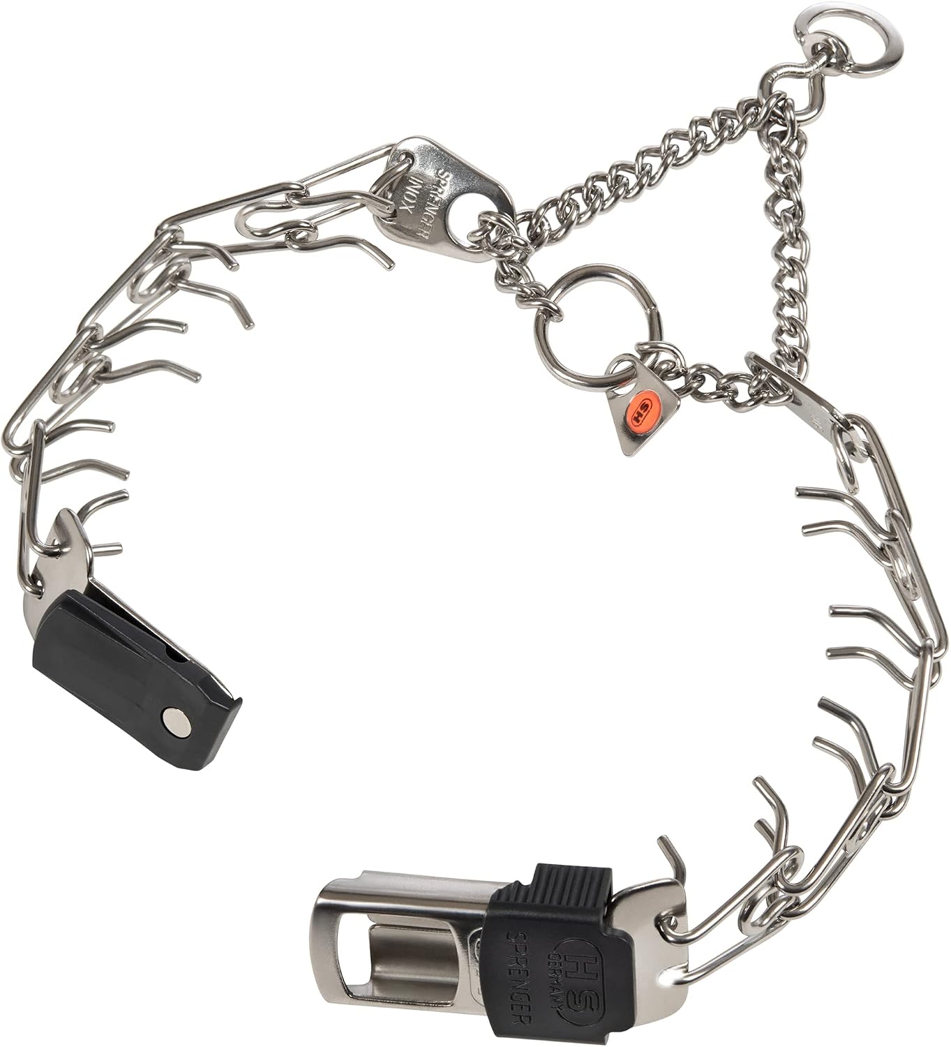 Herm Sprenger dog pinch collar close up showing the rounded 2.25mm stainless steel links