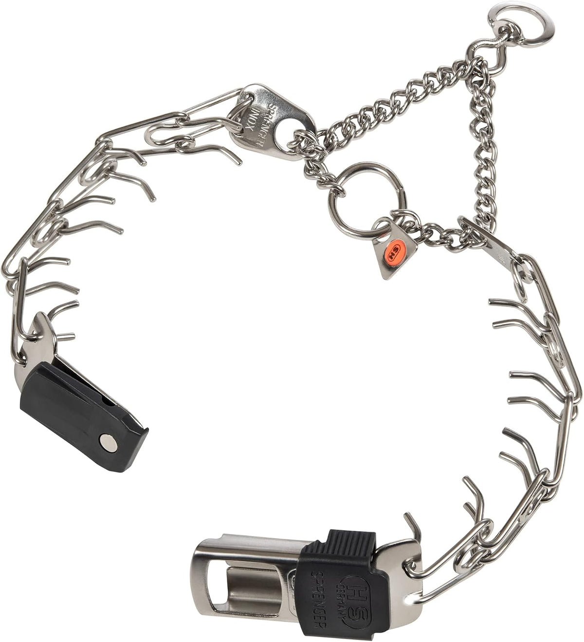 Herm Sprenger dog pinch collar close up showing the rounded 2.25mm stainless steel links