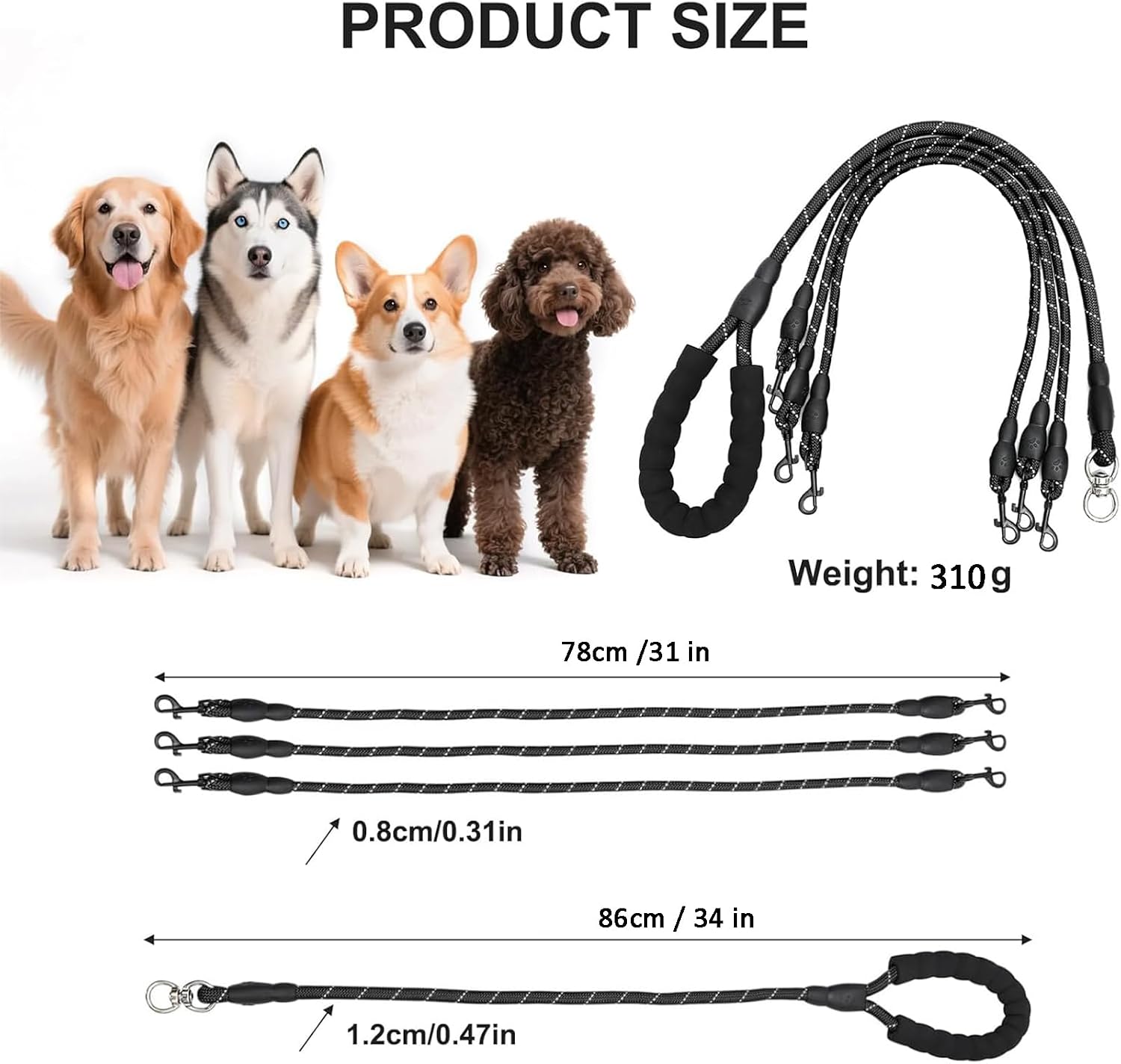 Blue dual pet walking lead showcasing the reflective safety strips under low light.