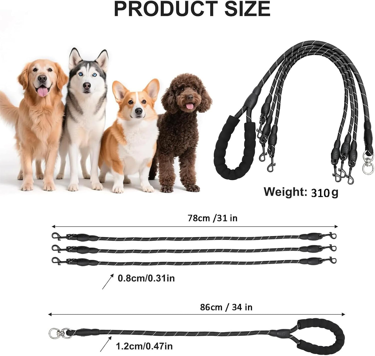 Blue dual pet walking lead showcasing the reflective safety strips under low light.