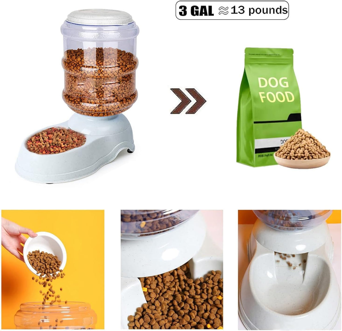 Leptzoa automatic large pet food bowl being refilled with dry kibble from the top