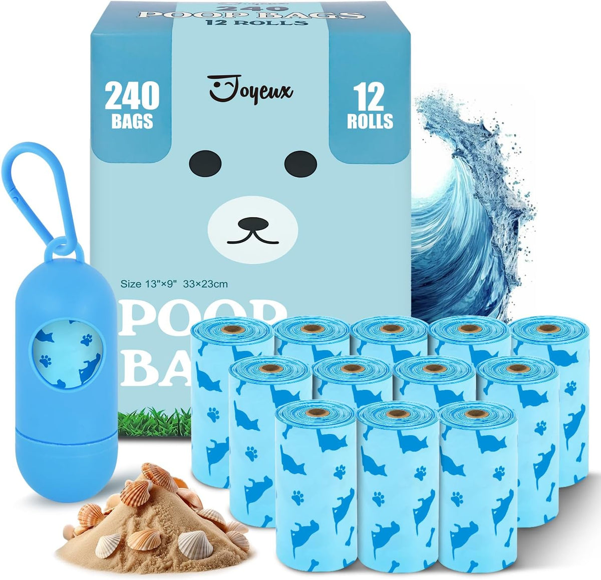 Joyeux ocean scent dog poop bags front view showcasing the blue dispenser and rolls for pet waste cleanup.