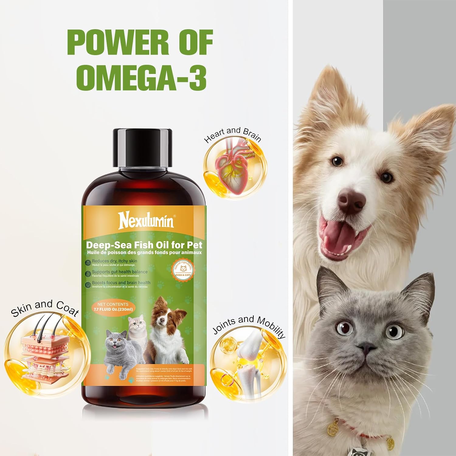 Natural Omega 3 liquid pet food supplement for dog and cat skin care